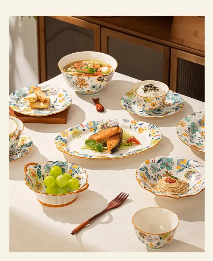 LingAo-Japanese Country Style Ceramic Tableware Set of Plates and Bowls with Underglaze Colors