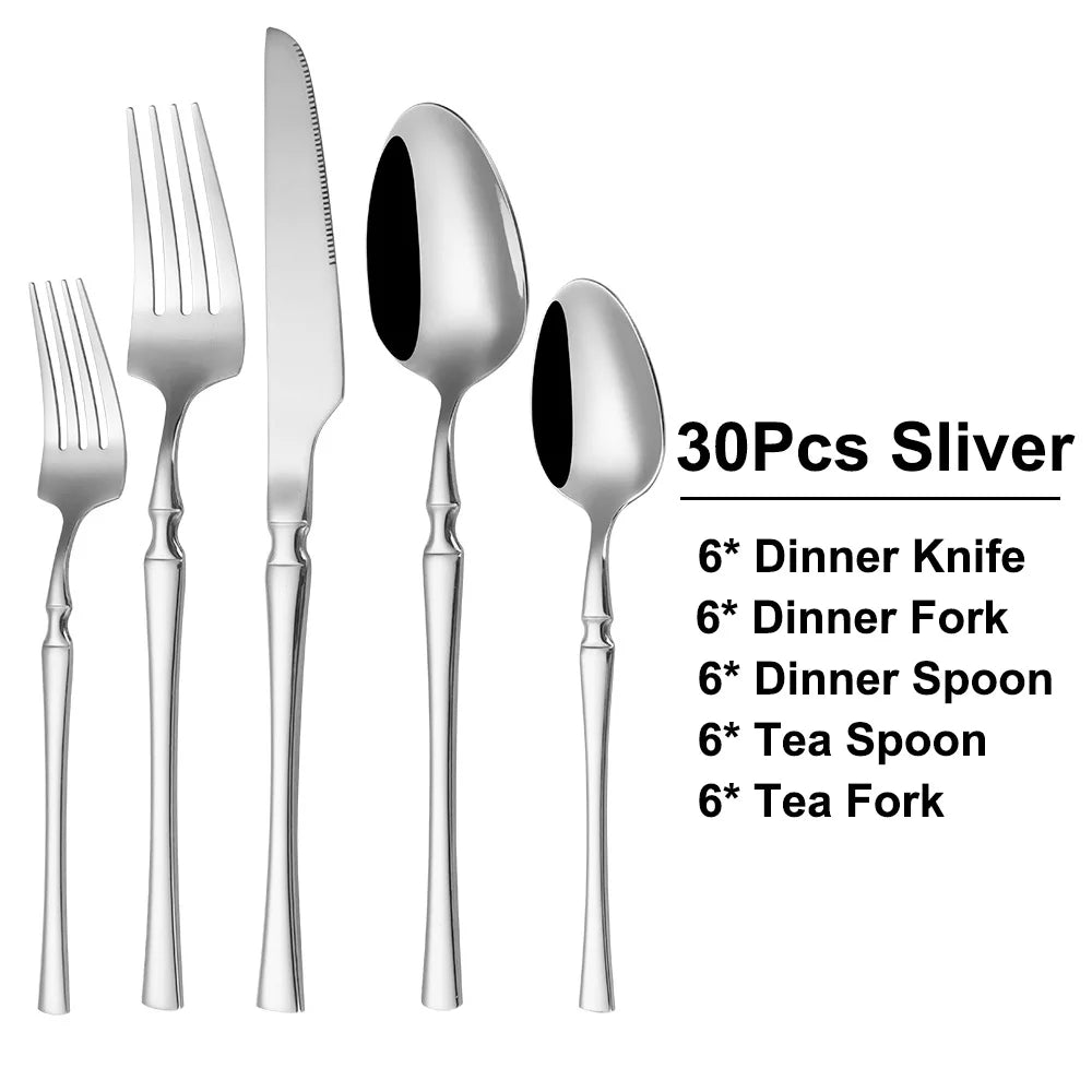 6/24/30Pcs Thin Cutlery Stainless Steel Sliver Tableware Western Dinner Set Solid Color Knife Fork Spoon Mirror Kitchen Utensils
