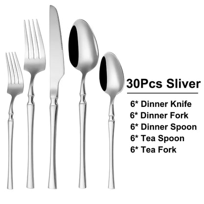 6/24/30Pcs Thin Cutlery Stainless Steel Sliver Tableware Western Dinner Set Solid Color Knife Fork Spoon Mirror Kitchen Utensils