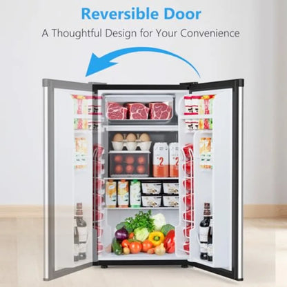 Dorm fridge with freezer: 3.2 cu.ft silver compact refrigerator for bedroom, office, kitchen, dorm; reversible door, adjustable