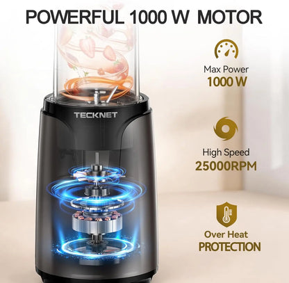 Personal Blender Smoothie Maker, 1000W Powerful 25,000PRM, Blends Frozen Fruit & Ice, 2x600ml