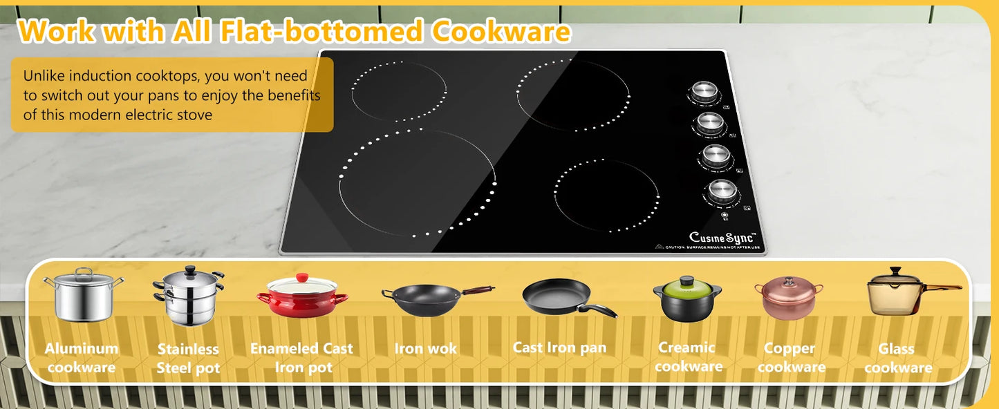 Electric Cooktop 30 Inch - 4 Burners Built-in Ceramic Cooktop, 30" Radiant Electric Stove Top with Knob Control 7200W