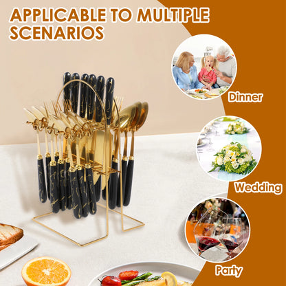 24Pcs Tableware Set with Holder Stainless Steel Cutlery Set Service for 6 Utensils Set Mirror Polished Forks Knives Spoon Set