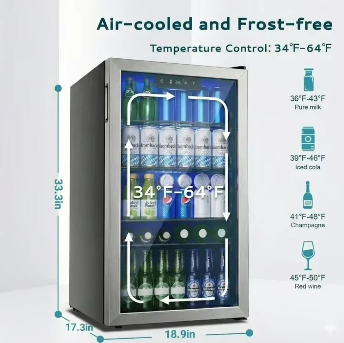 125-Can Beverage Refrigerator and Cooler with Glass Door in Silver, 17.3 in D x 31.5 in H, Energy-Efficient and Durable Mini Fridge for Home, Kitchen, Office, or Bar, Ideal for Soda, Beer, Water, and Drinks Storage, Stylish,