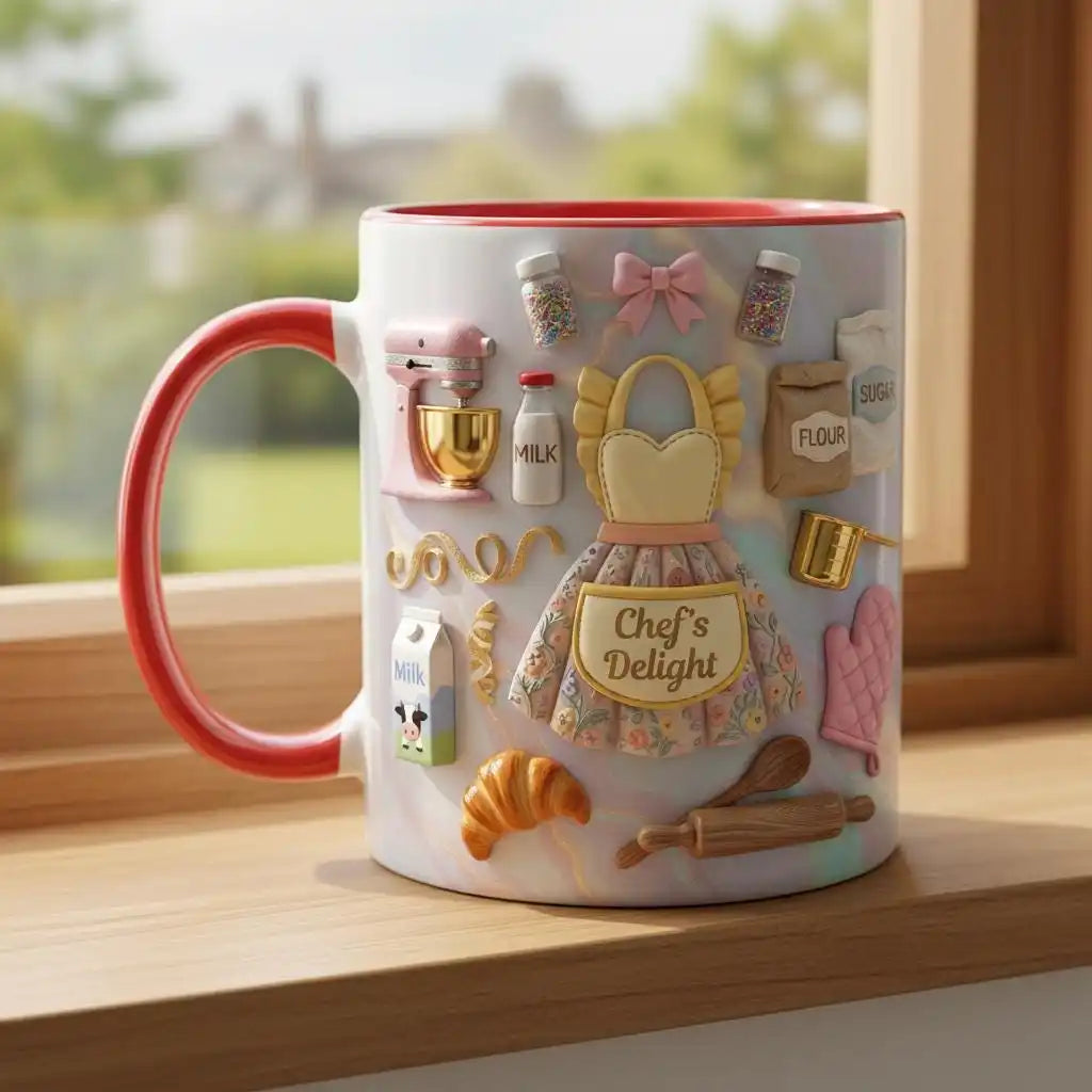 Personalized Baking Lover Mug, 3D Effect Custom Name Baker Mug, Apron Kitchen Coffee Mug, Mother's Day Gift