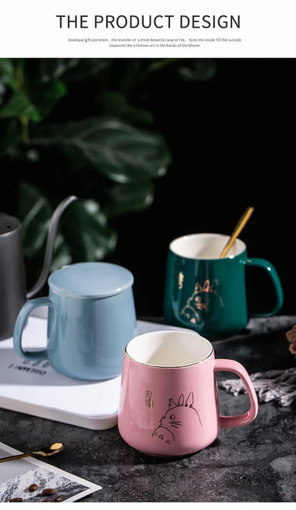 400ml New Product European Style Light Luxury Gold-painted Ceramic Coffee Mug with Lid Spoon Water Cup Cartoon Mug