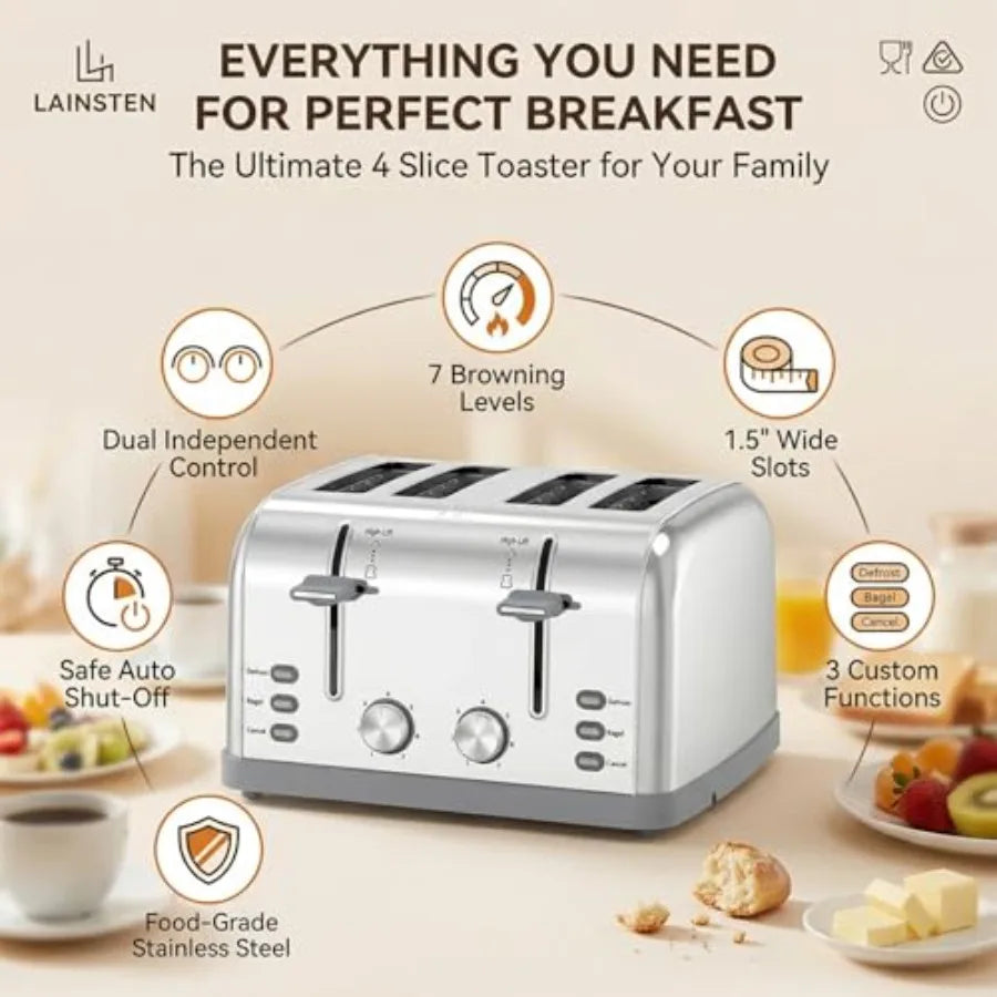 Toaster 4 Slice Retro Stainless SteelBest Prime 4 Slice Toaster Wide Solt with 7 Shade Settings Perfect for Waffles Bagels and
