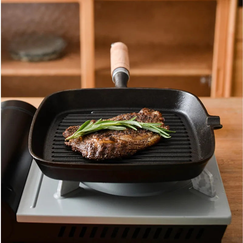 22cm 24cm Thickened Cast Iron Steak Frying Pan Non-coated Non-stick Household Stripes Frying Steak Special Pan