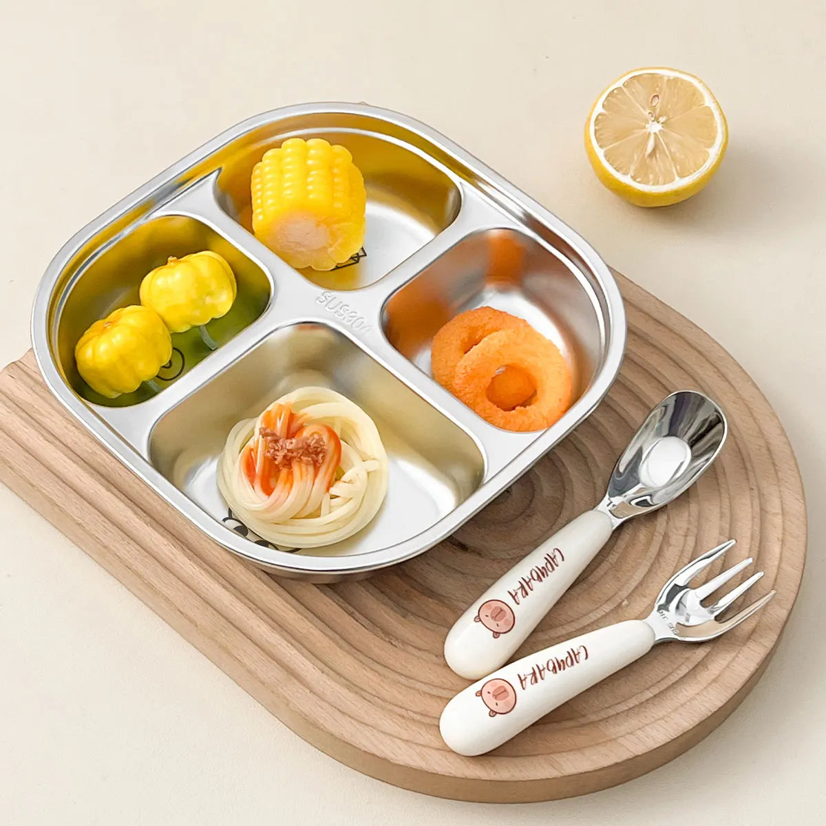 WORTHBUY Capybara 3/4 Grids Food Plate Dishes 304 Stainless Steel Divided Dinning Plates Salad Plate Tableware Dishwasher Safe