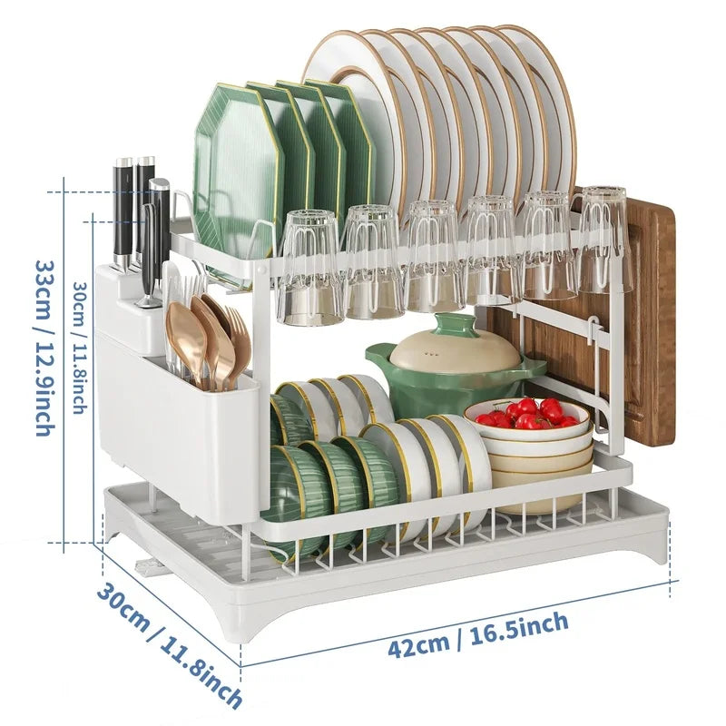 2 Tier Dish Drying Rack Kitchen Bowl Drainer Storage Rack Tableware Drain Chopsticks Knife Fork Water Cup Storage Holder 2 Tier
