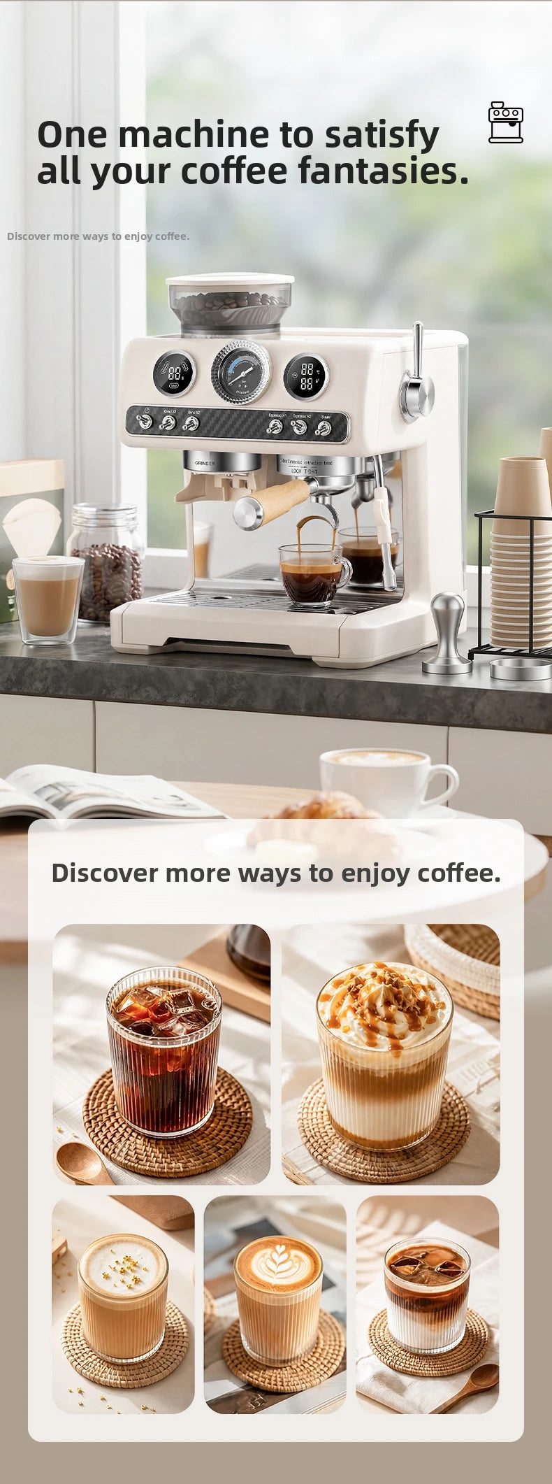 Semi-Automatic Espresso Coffee Machine, Dual Pump Cold & Hot Brew, Built-in Grinder, High Pressure 20 Bar, Compact Home Espresso