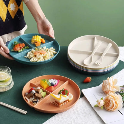 Three-Compartments Divided Plate Eco-Friendly Wheat Straw Reusable Children Dishes Anti-fall Plastic Kitchen Dinnerware Plates