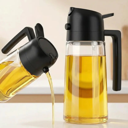 2-in-1 Oil Dispenser and Sprayer, Glass Oil Bottle with Pour and Spray Function, Green and Black