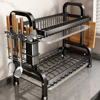 2 Tier Dish Drying Rack Compact Kitchen Dish Rack Rust-Proof Carbon Steel Dish Drainer Drainboard Tableware Water Filter Rack