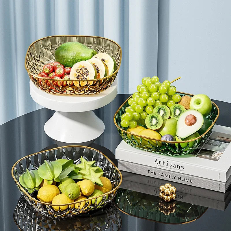1pcs Household Fruit Bowl Salad Dessert Biscuit Plate Plastic Square Transparent Tray Golden Edge Snack Plates Tableware