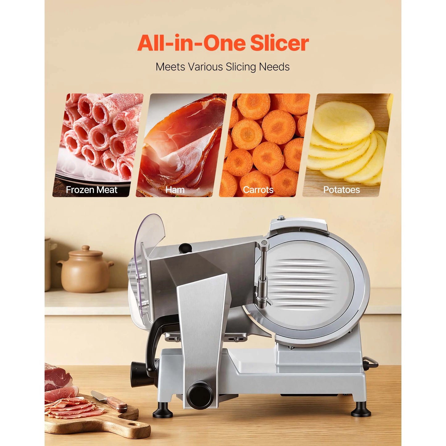 SucceBuy 10" 240W Commercial Meat Slicer w/ Carbon Steel Blade Built-In Sharpener & 0-0.47" Adjustable Thickness for Frozen Meat