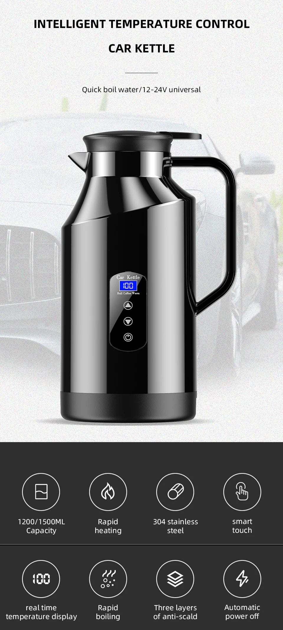 12V 24V Portable Car Hot Kettle 1200mL/1500mL Large Capacity 304 Stainless Steel Thermos Water Bottle Travel For Tea Coffee