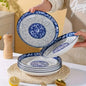 6pcs Elegant Blue And White Ceramic Dinnerware Set, Large Round Plates with Floral Design, Microwave And Dishwasher Safe, Suitab