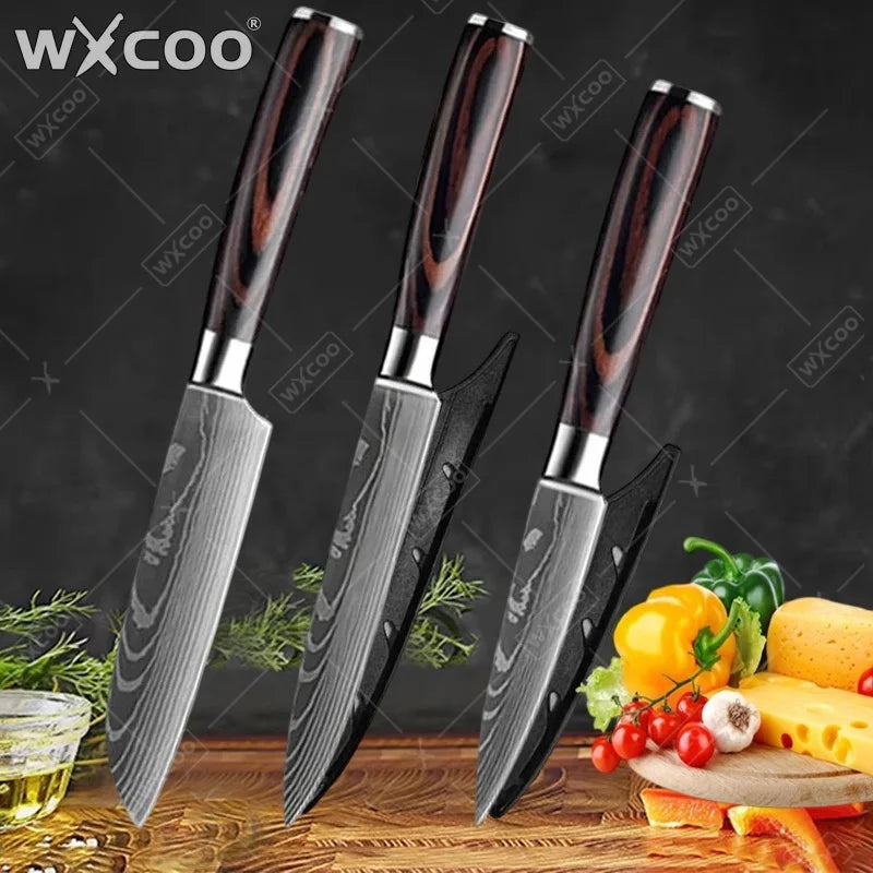 WXCOO 1~3 Pcs Knife Kitchen Utility Damascus Laser Santoku Japanese Chef Cleaver Slicing Wooden Handle Kitchen Accessories