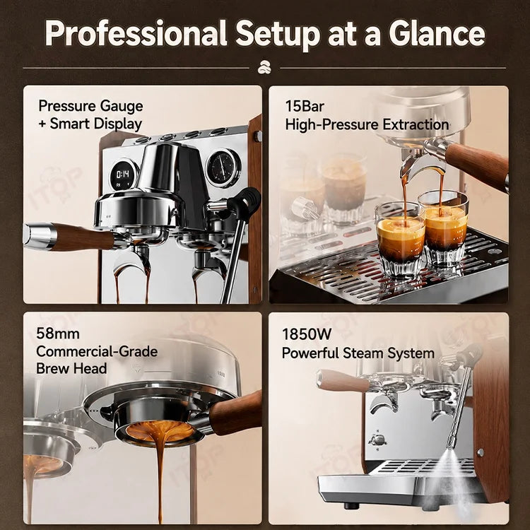 ITOP CMLC05 Coffee Machine 58mm Brew Head 1850W NTC Temp Control 9‑12Bar Optimal Pressure 4 Customizable Parameters 2L Tank