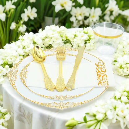 175PCS Gold Plastic Plates for Party Supplies Dinnerware Sets for 25 Guests, Vintage Disposable Plastic Party Plates Cups Spo