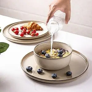 Ceramic Dinnerware Sets for 6, 18 Pieces Stoneware Plates and Bowls Sets, Scratch Resistant Dishes Reactive Glaze-Cappuccino