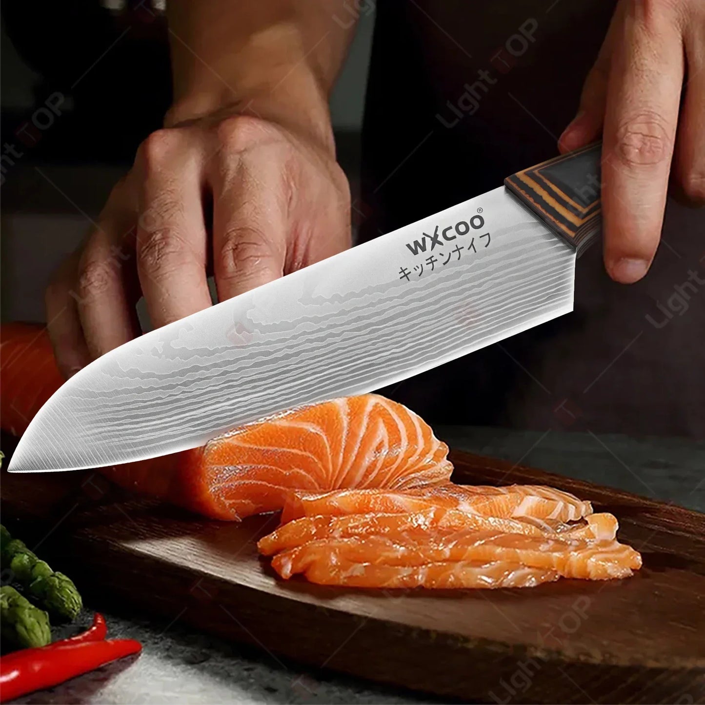 WXCOO Stainless Steel Japanese Knife 7Inch Kitchen Knife Ergonomic Wood Handle Santoku Knives for Cooking Kitchen Accessories