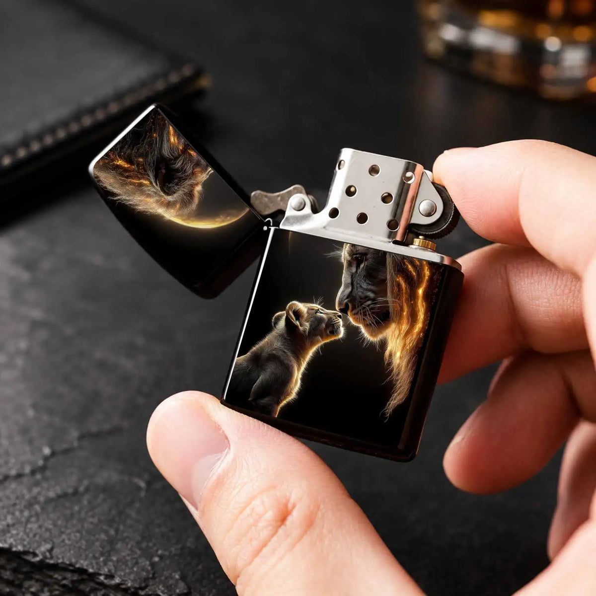 Creative Lighter With Warm Lion Cub And Adult Lion Glowing Art Pattern, Exquisite Moon Background Themed Decor, Portable Stylish Accessory For Daily Use Gifting Outdoor Travel Any Occasions A Humorous And Interesting Lighter