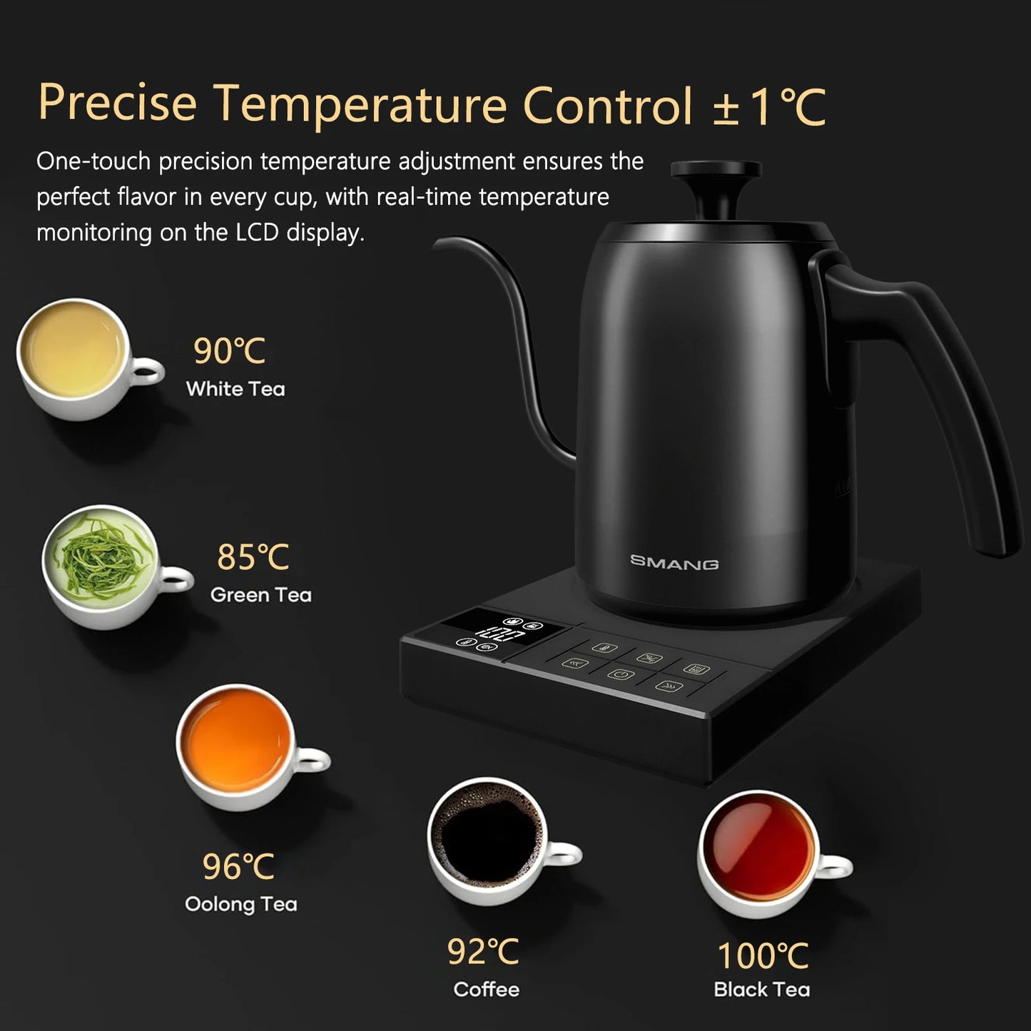 SMANG 900W Gooseneck Electric Kettle 0.6L Smart Temperature Control Coffee Kettle Pour Over Coffee Kettle Rapid Heating Pot