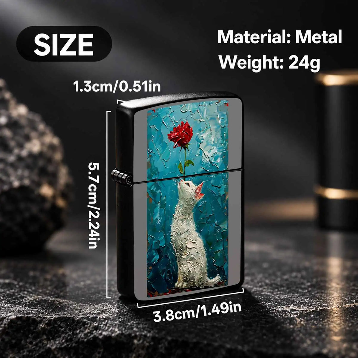 Creative Impasto Style White Cat With Red Rose Pattern Lighter, Exquisite Artistic Portable Daily Companion, Trendy Aesthetic Versatile Item For Home Display, Travel Carry, Gifting To Friends And Family For All Occasion A Hum