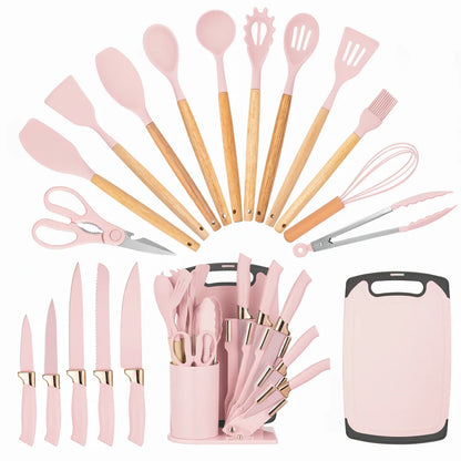19Pcs Professional Kitchen Knife Set with Silicone Cooking Utensils & CuttingBoard, High Carbon Stainless Steel Chef Knives.