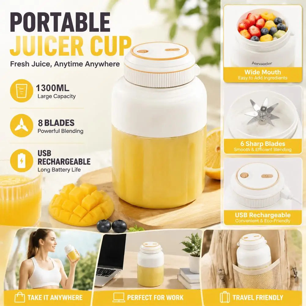 1300ml Portable Fruit Juice Blenders Summer Personal Electric Mini Bottle Home USB Juicer Cup Machine For Smoothies/Ice/ Fruits