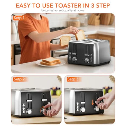 4 Slice Retro Stainless Steel Toaster with Extra Wide Slots 6 Shade Settings Toast Boost Cancel Button Perfect for Waffles Bage