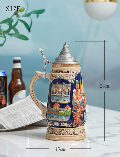 Beer Stein Mug German Munich Bavarian Viking Tankard with Petwer Lid Drinking Cups for Men's Gifts Big Capacity 1000ml