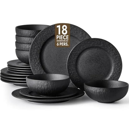 Black Dinnerware Sets 18-Piece Matte Marble Pattern Premium Porcelain Place Setting with Dinner Plate Salad Plate Pasta Bowl Mi