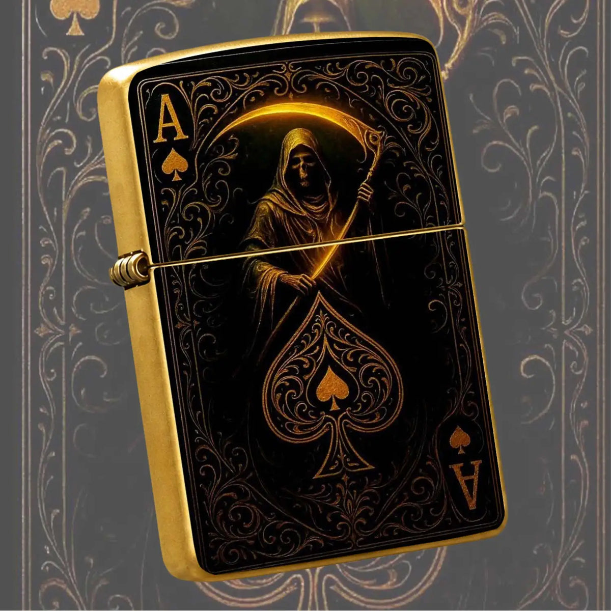 Retro Grim Reaper Ace Of Spades Themed Lighter, Exquisite Gold Foil Engraved Art Stylish Accessory, Portable Versatile Daily Use Ignition Tool, Unique Creative Present For Party Travel Gatherings All Scenarios A Humorous And