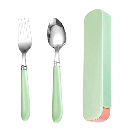 2Pcs/Set Portable Spoon Fork Combination Travel Tableware Set Stainless Steel Dinnerware With Box For Kid School Cutlery