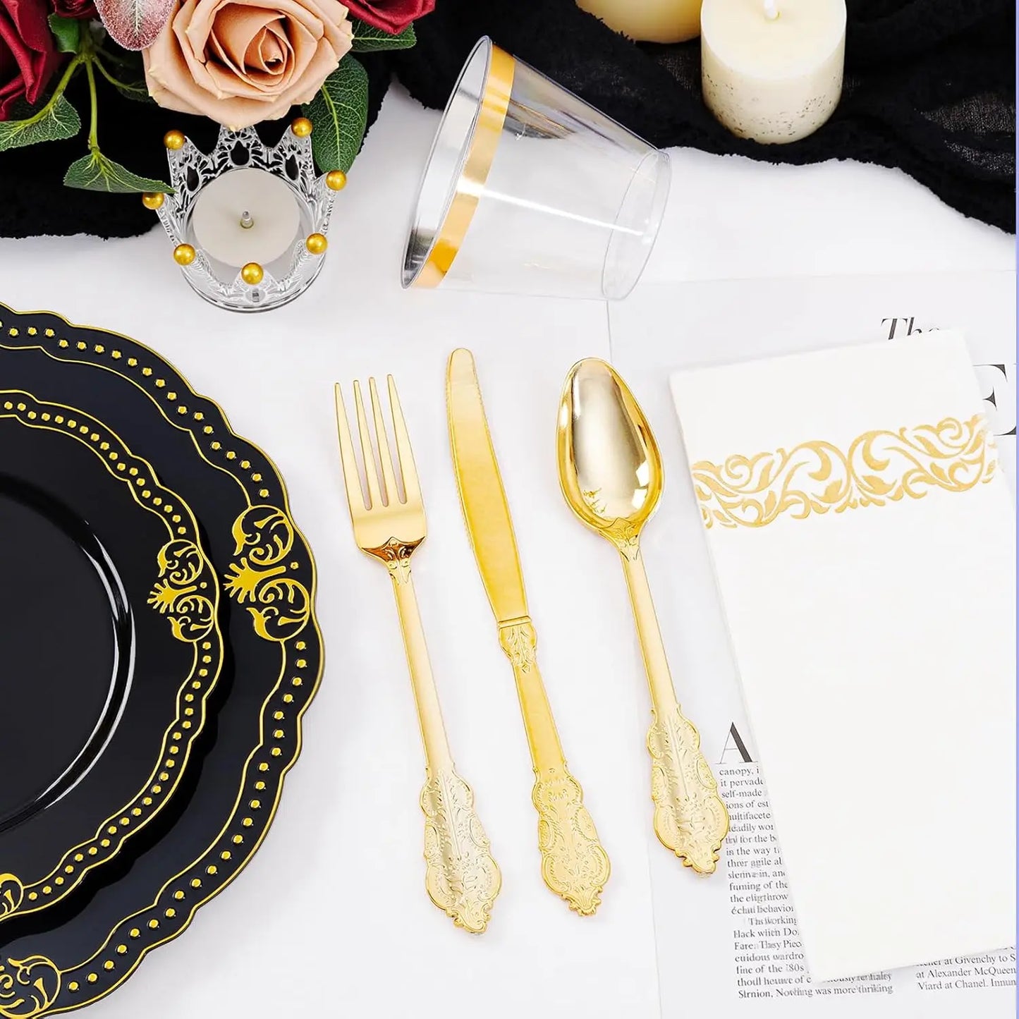 175 PCS Black and Gold Plastic Plates - Black Disposable Dinnerware Set with 50 Plates, 25 Knives, 25 Forks, 25 Spoons, 25 Cu