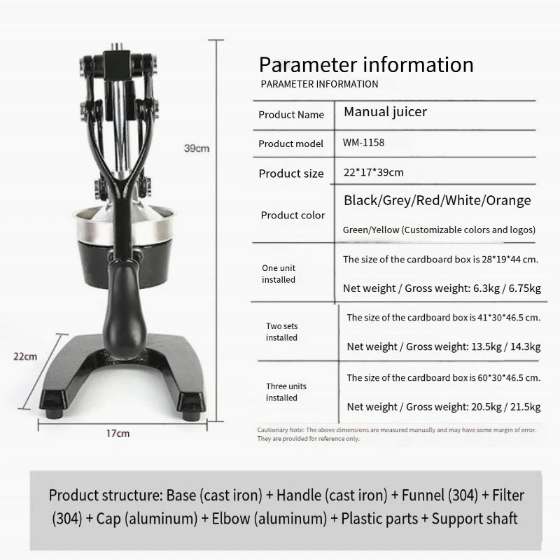 Household Kitchen Manual Juicer Multi-functional Cast Iron Machine Quick-disassembly Easy-to-clean Stainless Steel Fruit Press