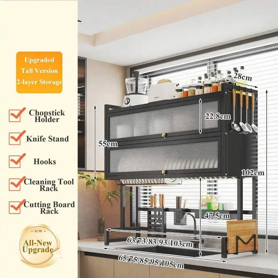 Over The Sink Dish Drying Rack,3 Tier Adjustable Length Full Stainless Steel Large Storage Kitchen Dish Rack,For Kitchen Counter Expandable Multifunctional Organizers