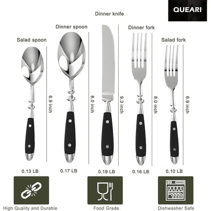 Vintage 20-Piece Stainless Steel Silverware Set with Black Bakelite Handles, Dishwasher Safe for 4-Person Service