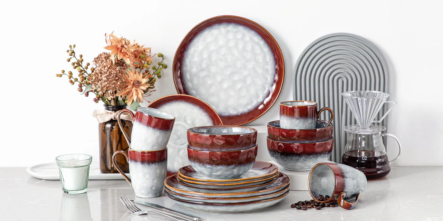 VANCASSO 16/32/48-Piece Starry Dinner Set,Kiln Change Glaze Tableware Dinner Service with Dinner Plate,Dessert Plate,Bowl,Mug