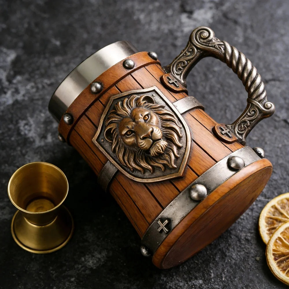 Medieval Lion Head Beer Mug Retro Wooden Look Tankard 304 Stainless Steel Inner Cup Vintage Gothic Stein Cup Gift for Men Father