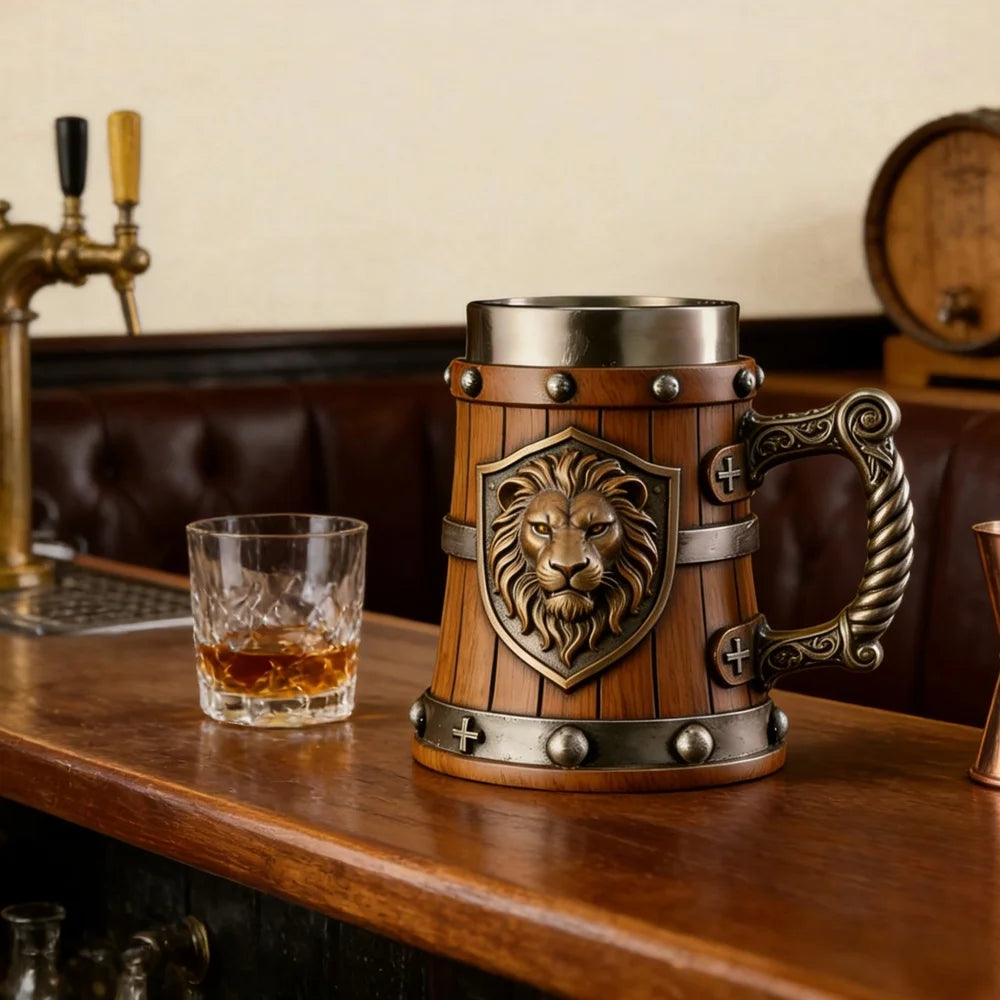 Medieval Lion Head Beer Mug Retro Wooden Look Tankard 304 Stainless Steel Inner Cup Vintage Gothic Stein Cup Gift for Men Father