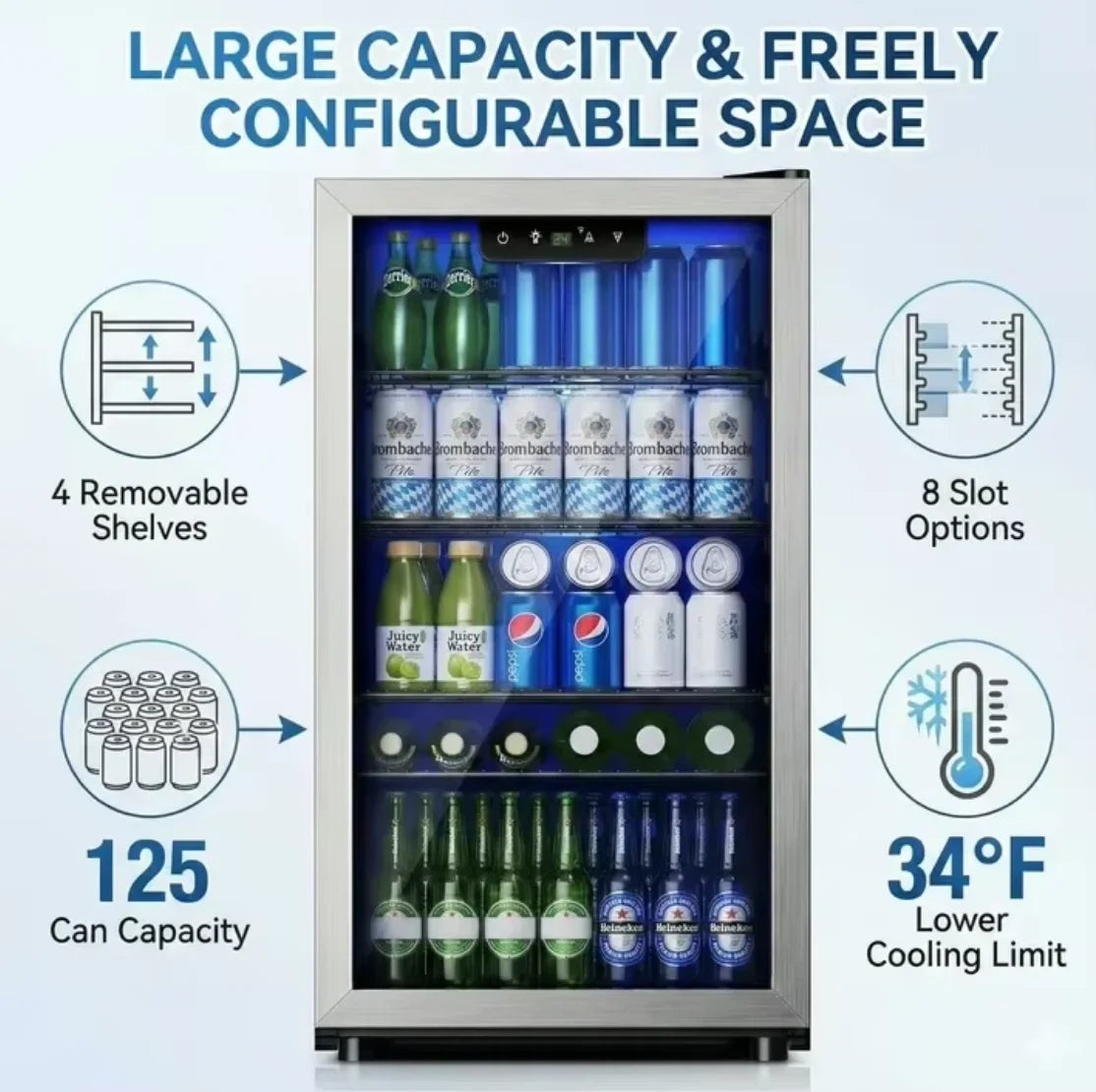125-Can Beverage Refrigerator and Cooler with Glass Door in Silver, 17.3 in D x 31.5 in H, Energy-Efficient and Durable Mini Fridge for Home, Kitchen, Office, or Bar, Ideal for Soda, Beer, Water, and Drinks Storage, Stylish,