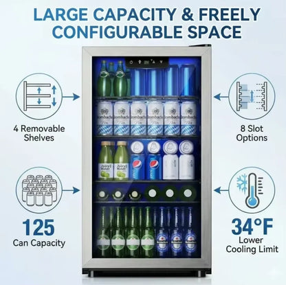 125-Can Beverage Refrigerator and Cooler with Glass Door in Silver, 17.3 in D x 31.5 in H, Energy-Efficient and Durable Mini Fridge for Home, Kitchen, Office, or Bar, Ideal for Soda, Beer, Water, and Drinks Storage, Stylish,
