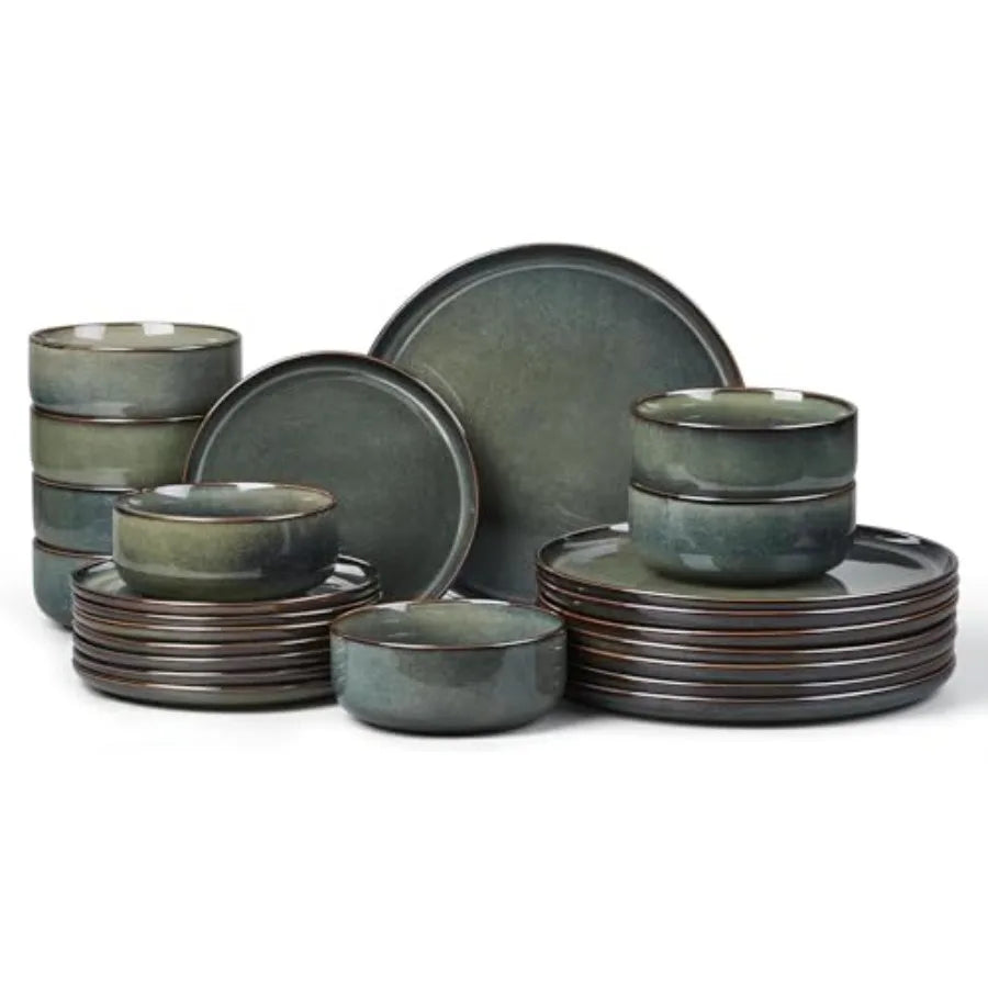 6-Piece Plates and Bowls Set Stoneware Dinnerware Sets for 2 Ceramic Dishes Reactive Glaze Dinning Ware Microwave and Dishwashe