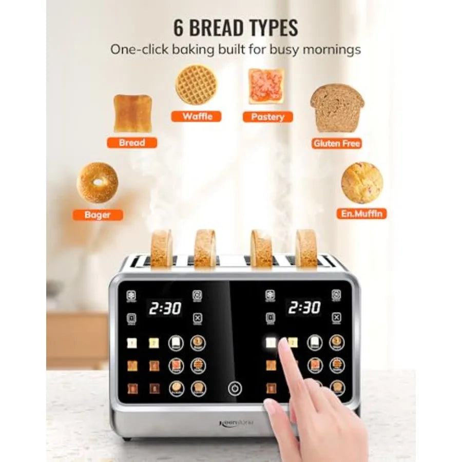 4-Slice Digital Smart Toaster with TouchScreen Dual Control Panel Single Slot Toasting Timer Reheat Defrost for Bagels Bread Wa