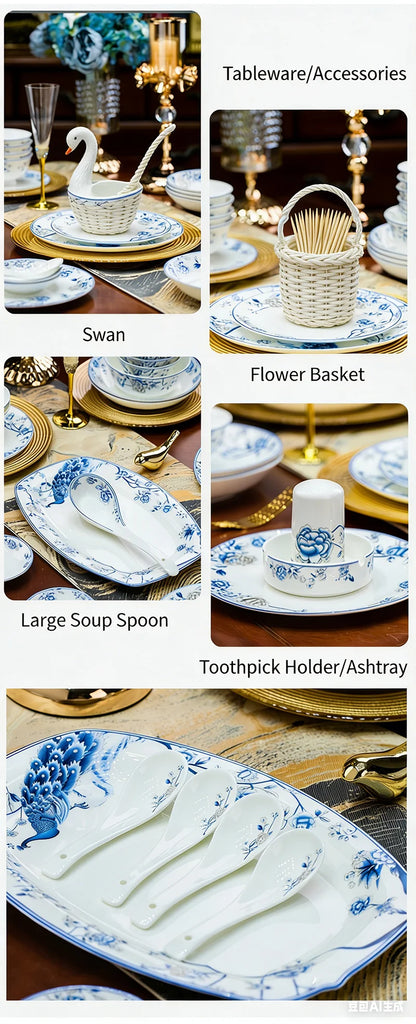 Blue And White Porcelain Tableware Set 18/28/56/30pcs Ceramics Dish Sets Full Set Luxury China Dinnerware Set For 4/6/10 Persons