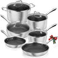 US Shipping Triply Stainless Steel Cookware Set 10 Piece Nonstick Hybrid Pots and Pans Set with Honeycomb Interior 18/10